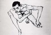 Egon Schiele Self Portrait in crouching position oil on canvas